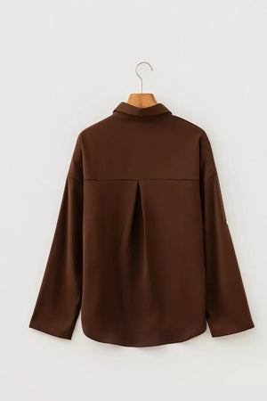 Multi Button Tab Long Sleeve Casual Shirt in Dark Brown with buttoned