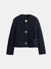 Chunky knit cardigan in Indigo with statement gold buttons and patch pockets.