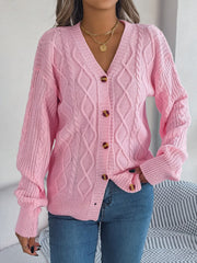 Blush pink cable knit cardigan with balloon sleeves and button front