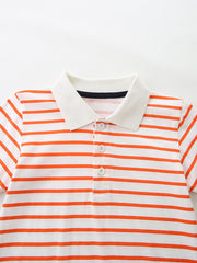 White and orange striped cotton polo shirt with button placket and white collar.