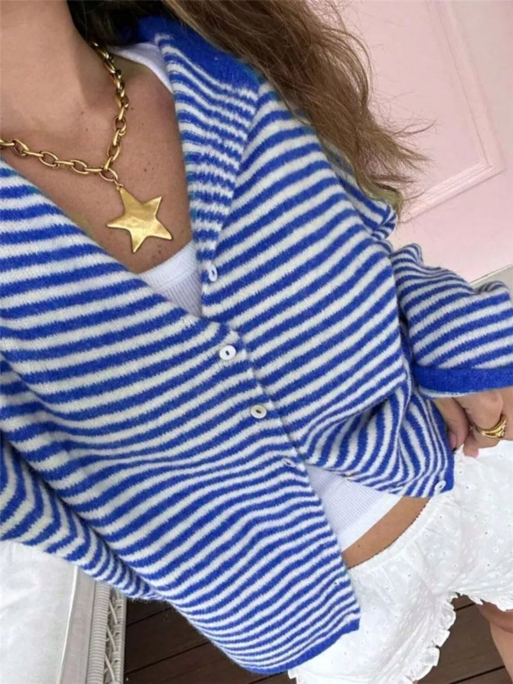 Striped Knit Button Up Cardigan in Khaki, fit detail