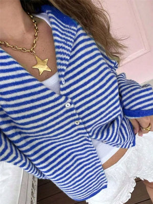 Striped Knit Button Up Cardigan in Khaki, fit detail