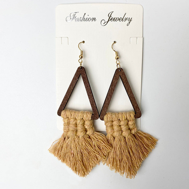 Macrame triangle tassel earrings in camel with wooden frames and gold hooks.