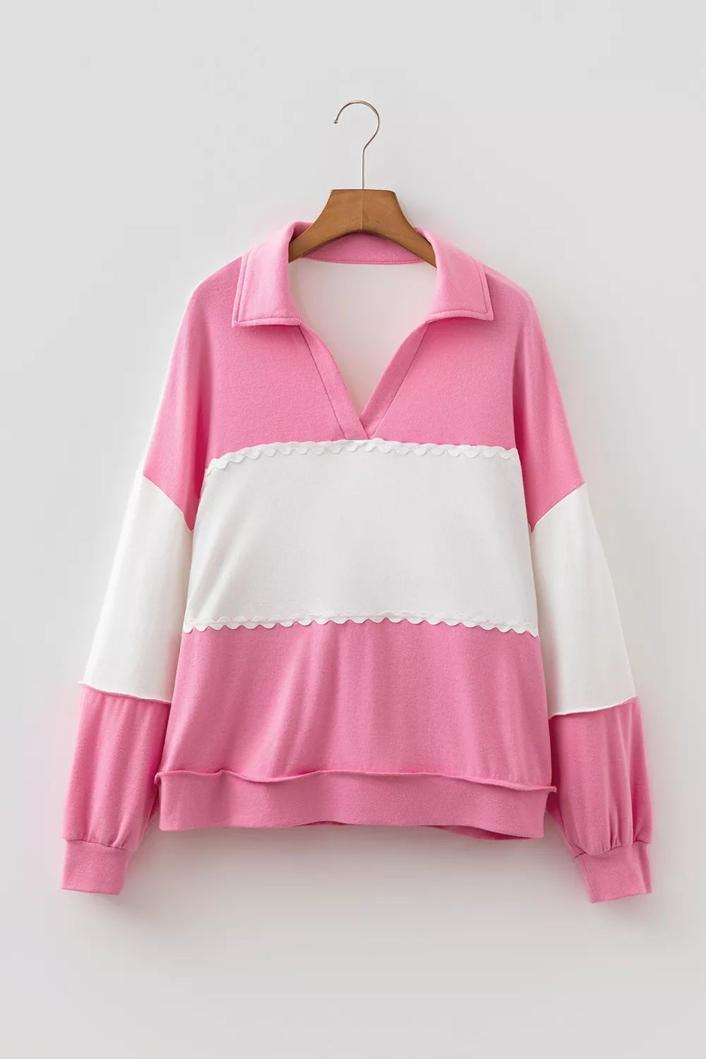 Color Block Ricrac Trim V Neck Long Sleeve Top in Pink, fabric detail