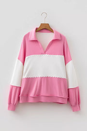 Color Block Ricrac Trim V Neck Long Sleeve Top in Pink, fabric detail