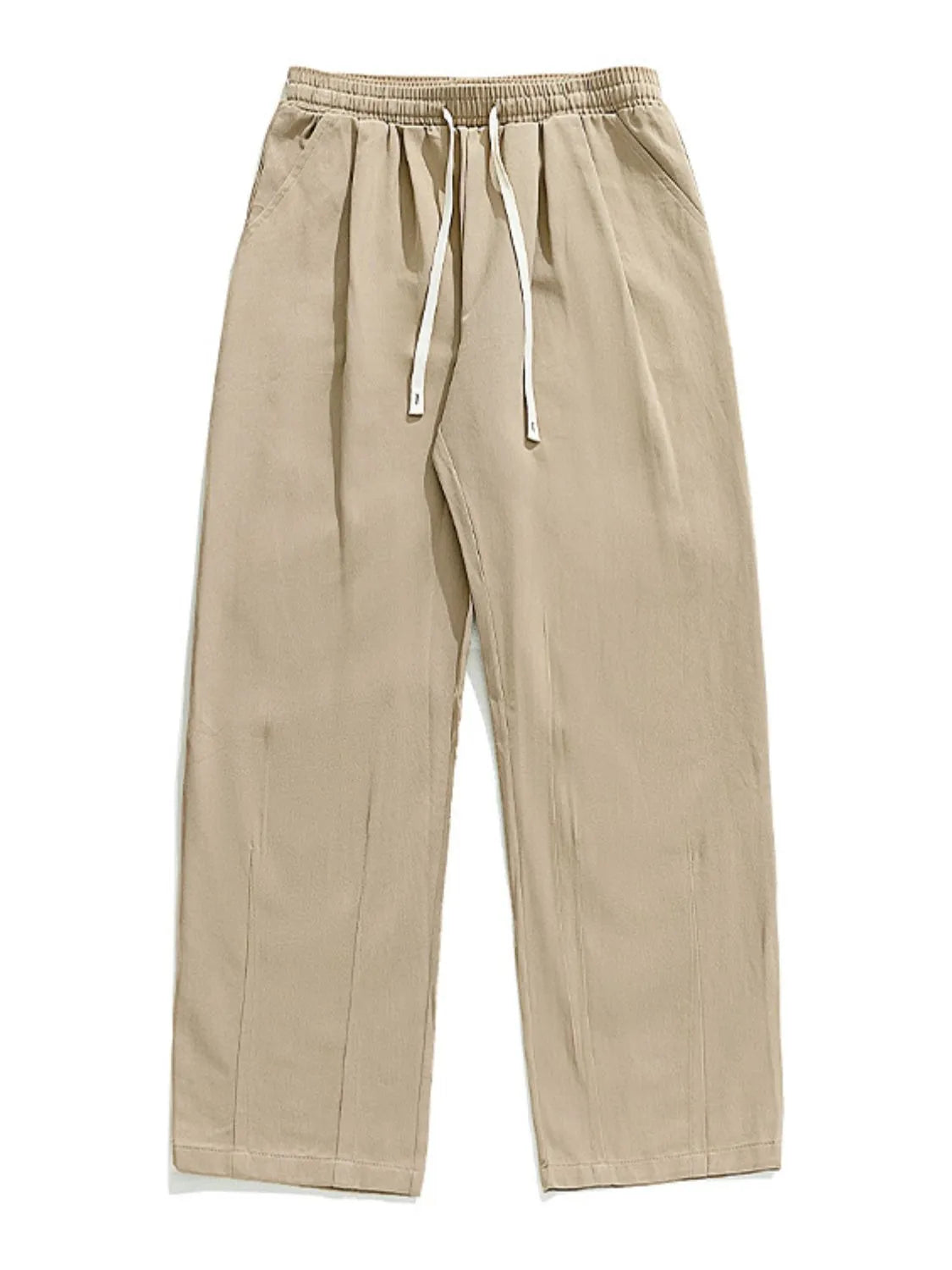 Khaki wide-leg pleated trousers with drawstring waist and pockets