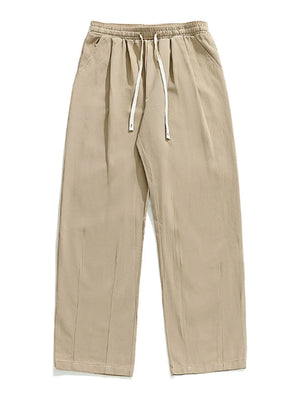 Khaki wide-leg pleated trousers with drawstring waist and pockets
