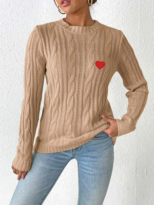 Camel cable knit sweater with embroidered red heart detail