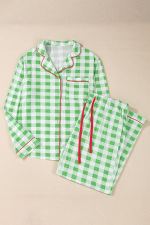 Light green gingham pajama set with red trim, collared long sleeve top and drawstring pants.