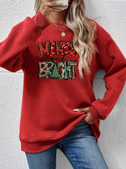 Red crewneck sweatshirt with Merry and Bright graphic and Christmas tree detail