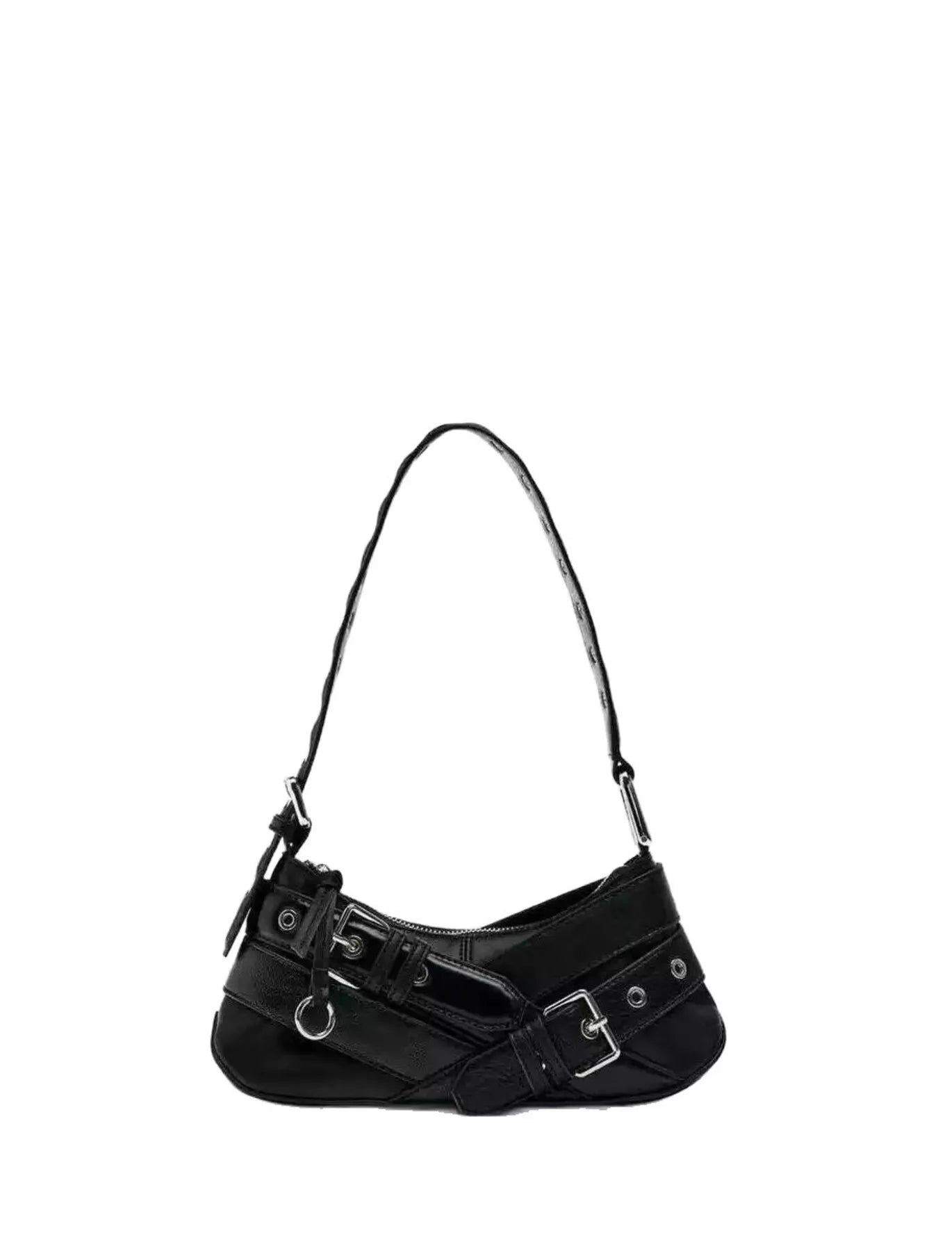 Black shoulder bag with multiple buckles and strap details