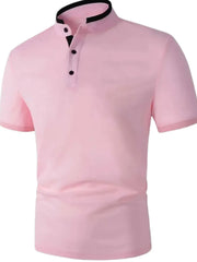 Men's dusty pink polo shirt with contrast collar and black buttons