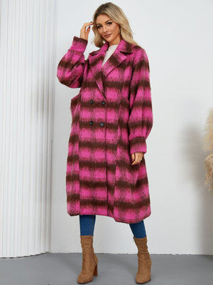 Hot Pink plaid oversized cocoon coat with double-breasted closure and wide lapels.