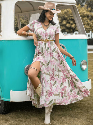 White floral maxi dress with button detail and high slit, 100% viscose