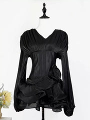 Black ruffled mini dress with corset waist and V-neckline.