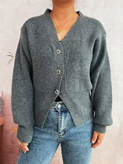 Gray ribbed V-neck button-through cardigan with silver hardware details