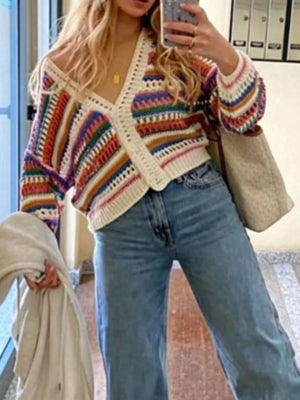 Striped Crochet Knit Cardigan in Color Stripes, close-up detail