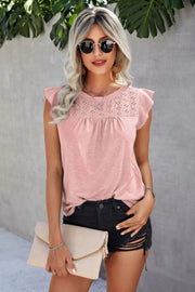 Dusty Pink cotton eyelet yoke flutter sleeve top with ruffled sleeves.