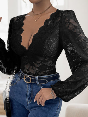 Black lace bodysuit with scalloped plunge neckline and long sleeves.