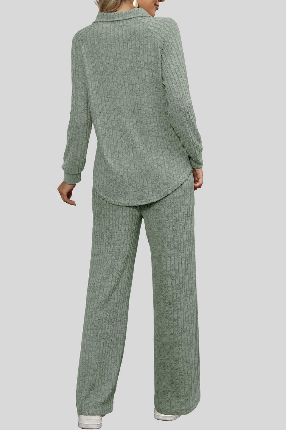 Sage ribbed knit lounge set with collar, long sleeves, and wide leg pants.