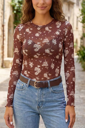 Floral Print Sheer Mesh Long Sleeve Top in Brown, model styling view