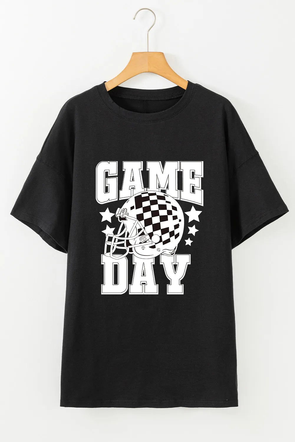 Black graphic tee with checkerboard helmet and GAME DAY text