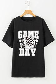 Black graphic tee with checkerboard helmet and GAME DAY text