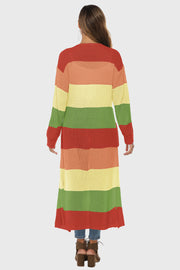 Maxi cardigan with rainbow stripes in red, orange, yellow, and green acrylic knit.