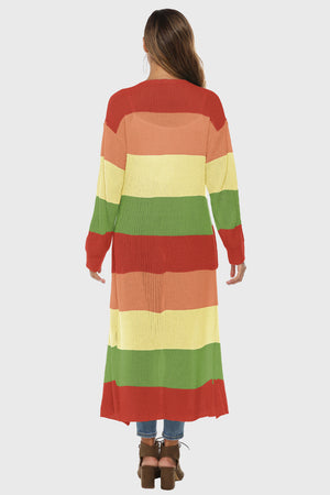 Maxi cardigan with rainbow stripes in red, orange, yellow, and green acrylic knit.