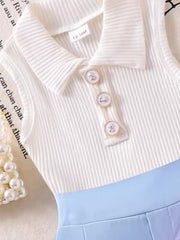 Children's Ribbed Knit Polo Top & Scalloped Shorts Set in Blue, alternate angle
