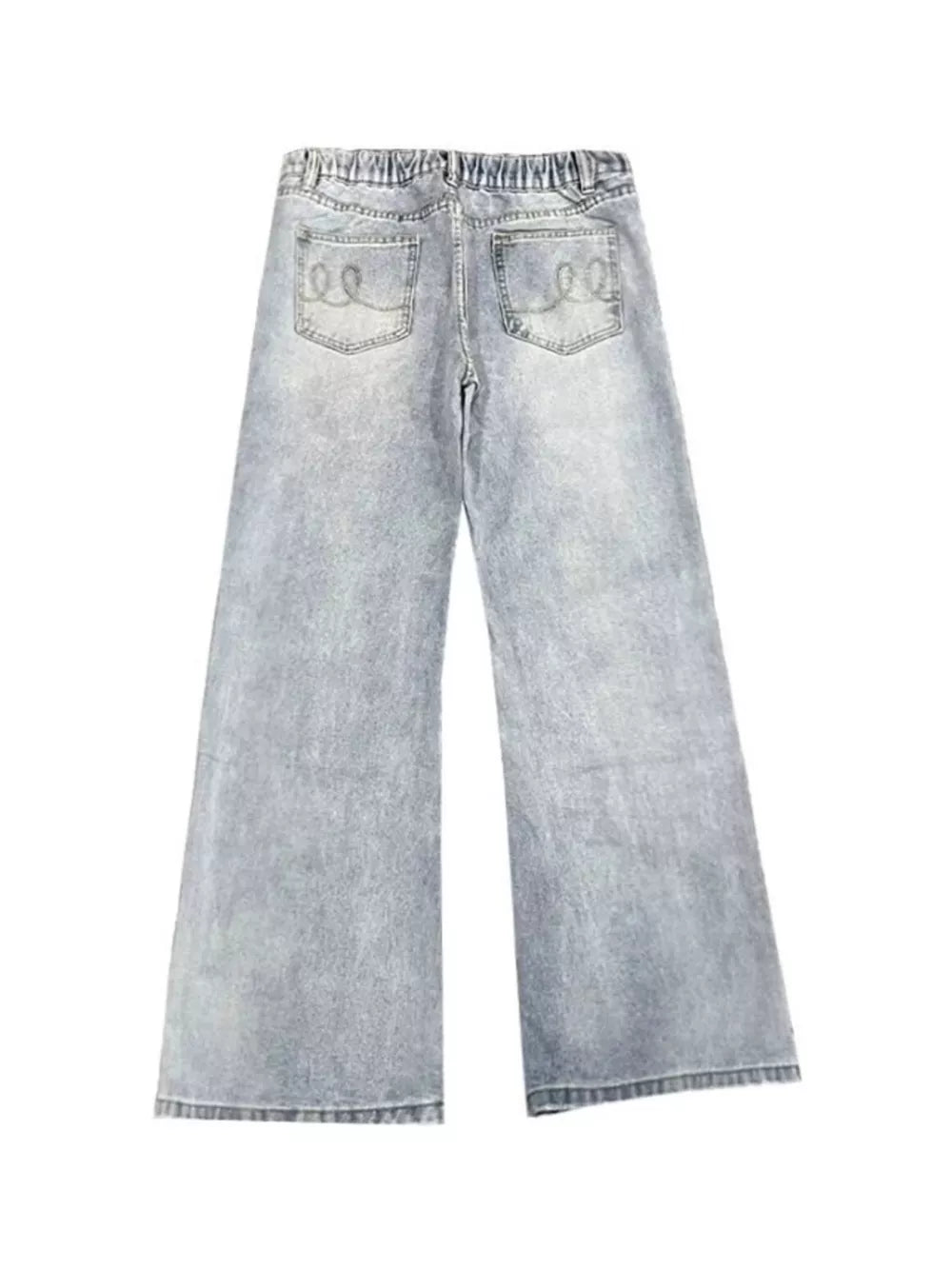 Men's light blue distressed full-length flare jeans with elastic waistband and embroidered back pockets.