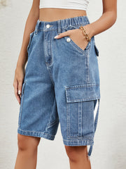 Denim Bermuda shorts in medium wash with cargo pockets and button details.