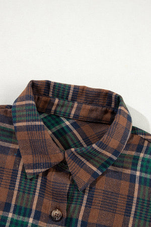 Plaid snap jacket in caramel with a collared neckline and button detail.
