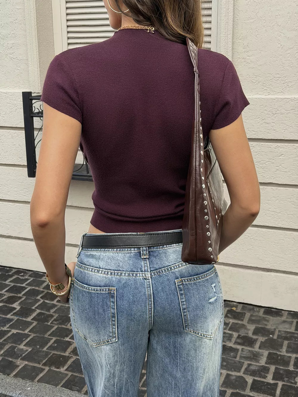 Crew-neck Ribbed Top in Red, fabric detail
