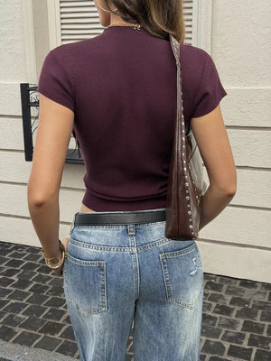 Crew-neck Ribbed Top in Red, fabric detail