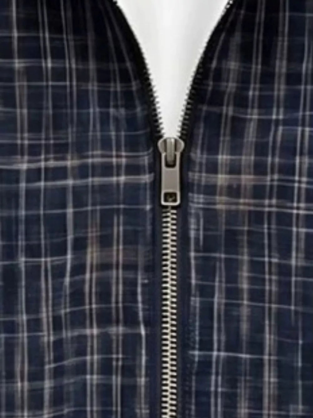 Men's Plus Size Plaid Zipper Short Sleeve Shirt in Navy Blue, side view