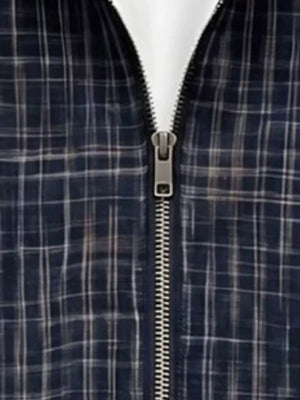 Men's Plus Size Plaid Zipper Short Sleeve Shirt in Navy Blue, side view