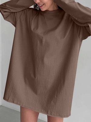 Oversized taupe cotton jersey top with crew neck and long sleeves, styled casually.