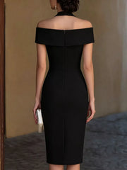 Black asymmetrical midi dress with off-the-shoulder neckline and halter detail.