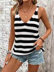 Relaxed striped V-neck tank top in black and white knit with a relaxed fit.