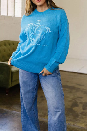Western Embroidery Drop Shoulder Sweater in Sky Blue, model styling view