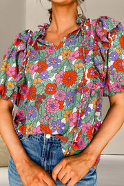 Retro floral puff sleeve blouse with ruffled neckline and tie detail, 100% viscose