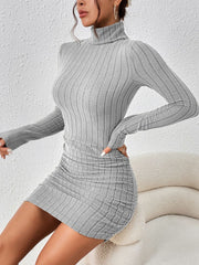 Gray ribbed turtleneck bodycon mini dress with ruched detailing.