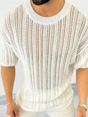 Open-knit boxy crew neck sweater in ivory acrylic with short sleeves.