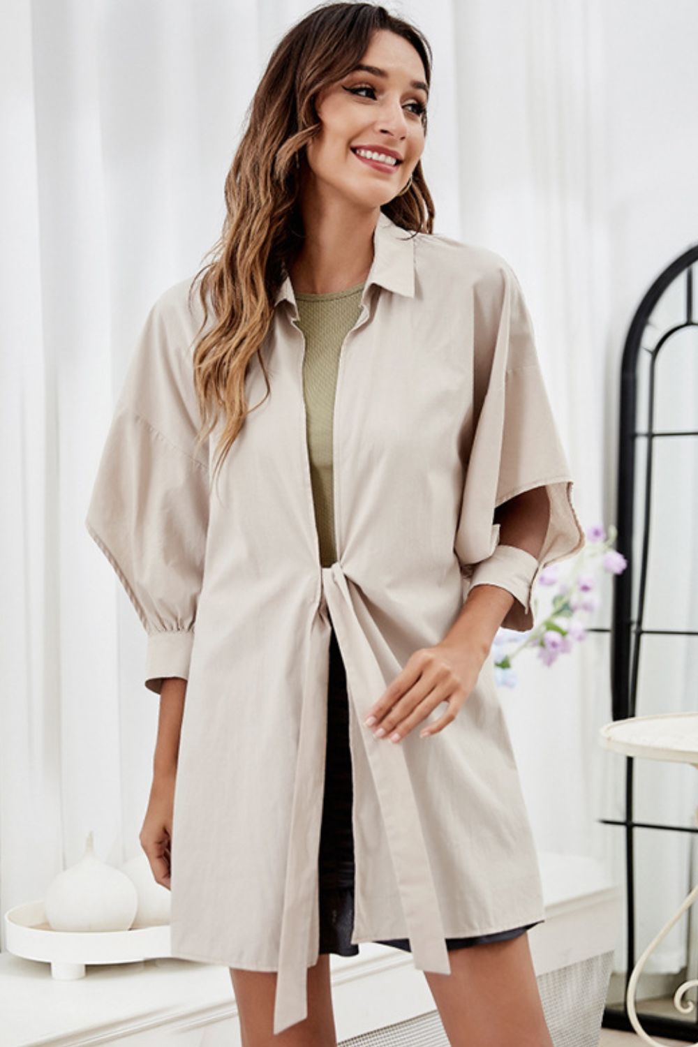 Cream cotton shirtdress with open sleeves and tie-front detail