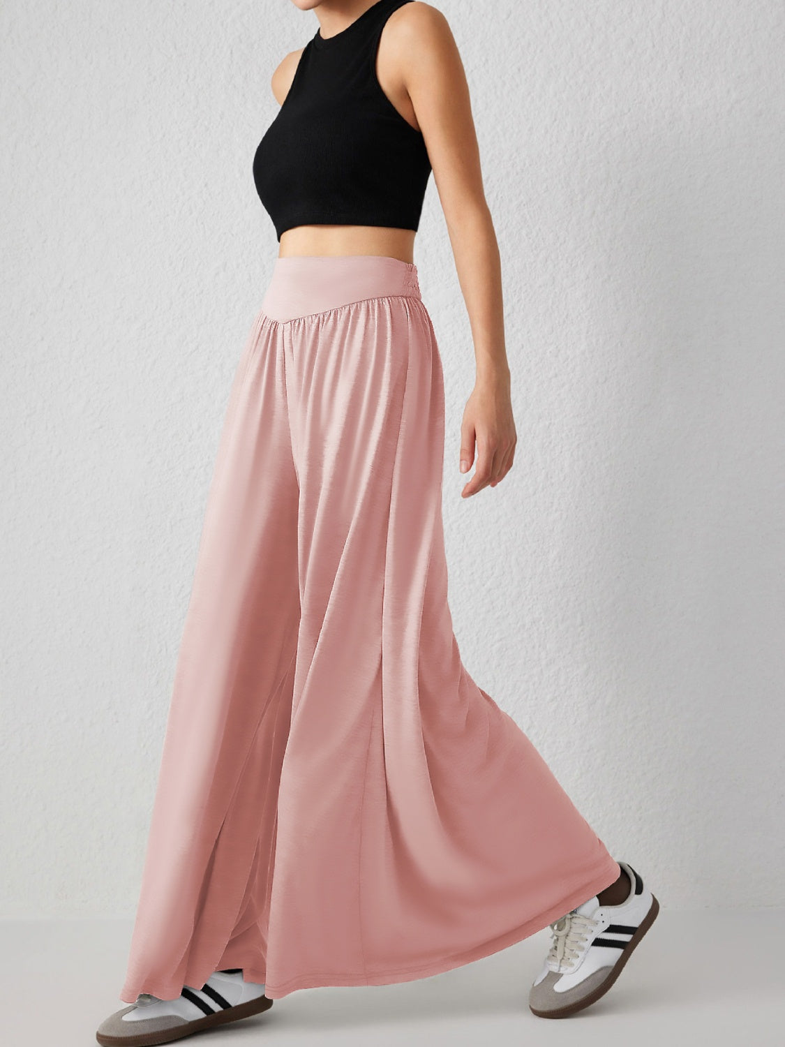 Drape-front wide-leg jersey trousers in watermelon pink with a high elasticated waist.