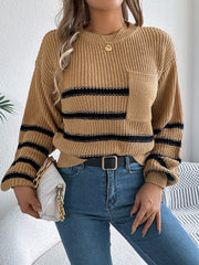 Caramel striped knit sweater with chest pocket and crew neck.