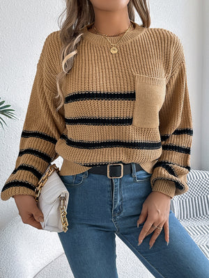 Caramel striped knit sweater with chest pocket and crew neck.