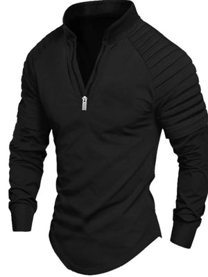 Black pullover shirt with zip neck and pleated long sleeves