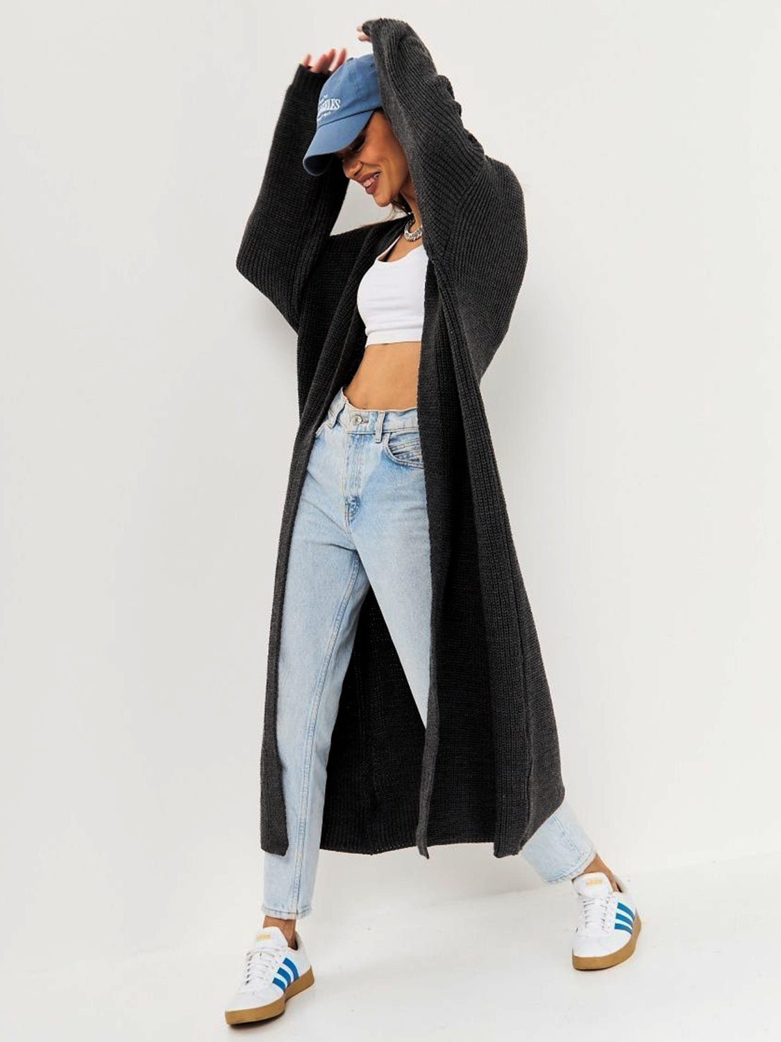 Oversized charcoal gray ribbed knit maxi cardigan with long sleeves and an open front.